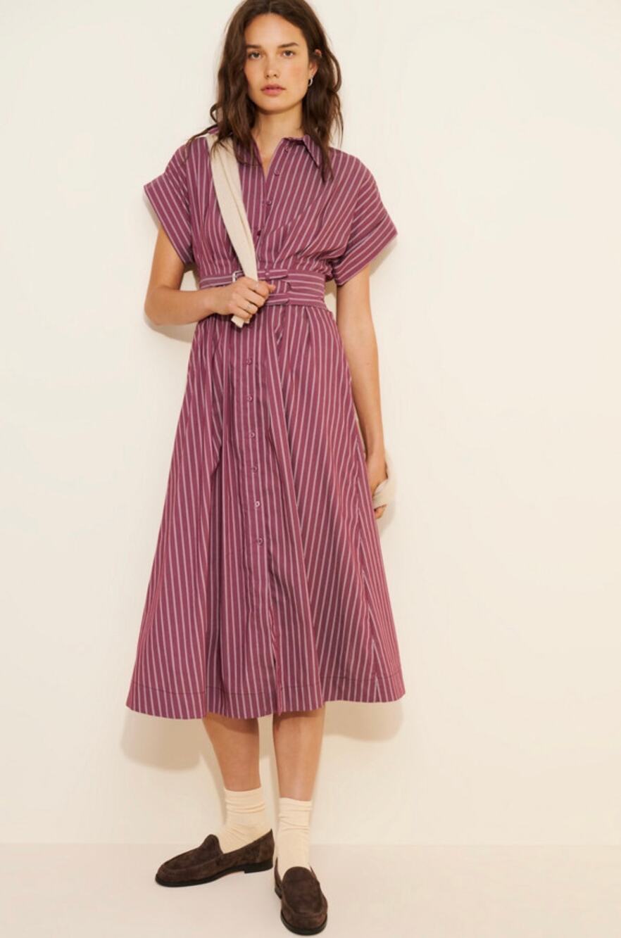 Anthropologie Exquise Tobie Double Buckle Midi Shirt Dress Burgundy Stripe MP